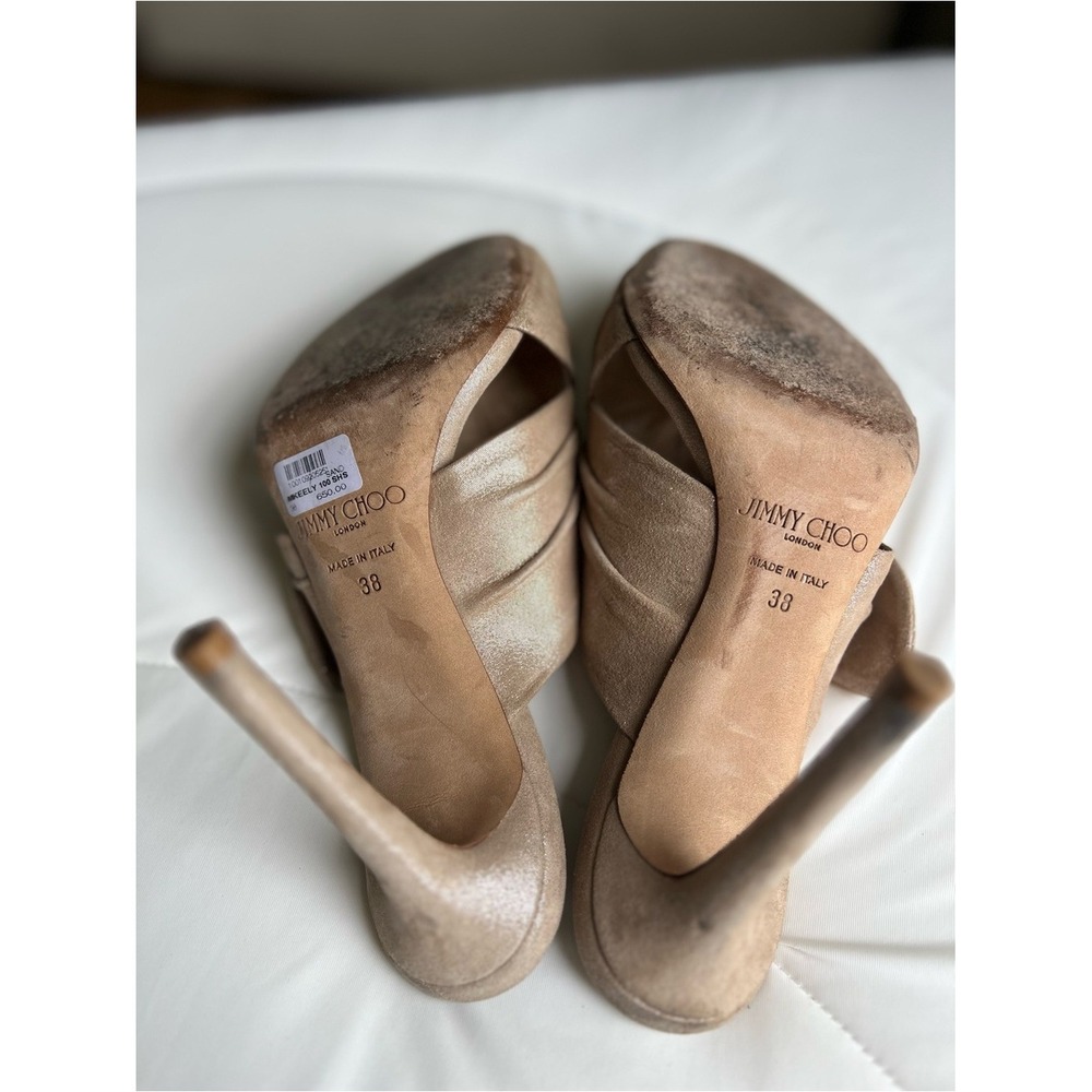 Jimmy Choo Beige Suede Bow Pleated Stiletto Mule Open Toe Women's Heels Size 38 - Picture 10 of 13